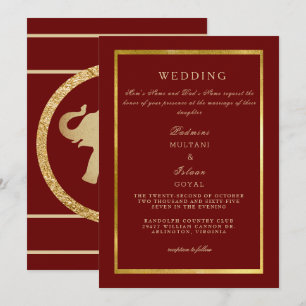 Convite Casamento Profundo Vermelho Dourado Real