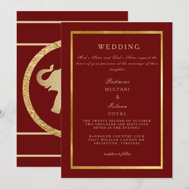 Convite Casamento Profundo Vermelho Dourado Real  (Frente/Verso)