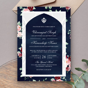 Convite Casamento Punjabi Sikh Anand Karaj Azul Naval Flor