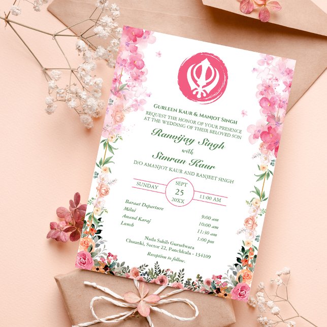 Convite Casamento Punjabi Sikh Anand Karaj Floral (Criador carregado)