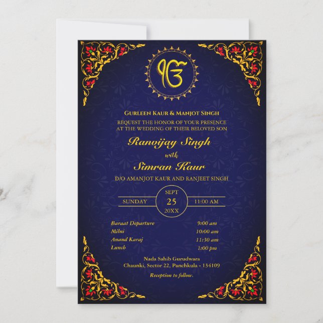 Convite Casamento Punjabi Sikh Anand Karaj Ouro (Frente)