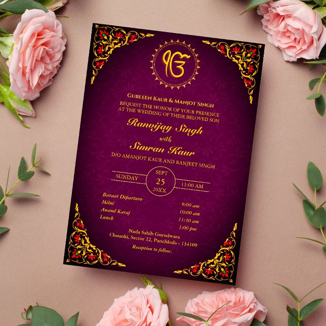 Convite Casamento Punjabi Sikh Anand Karaj Ouro (Criador carregado)