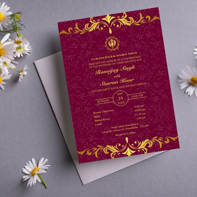 Convite Casamento Punjabi Sikh Anand Karaj Ouro (Criador carregado)