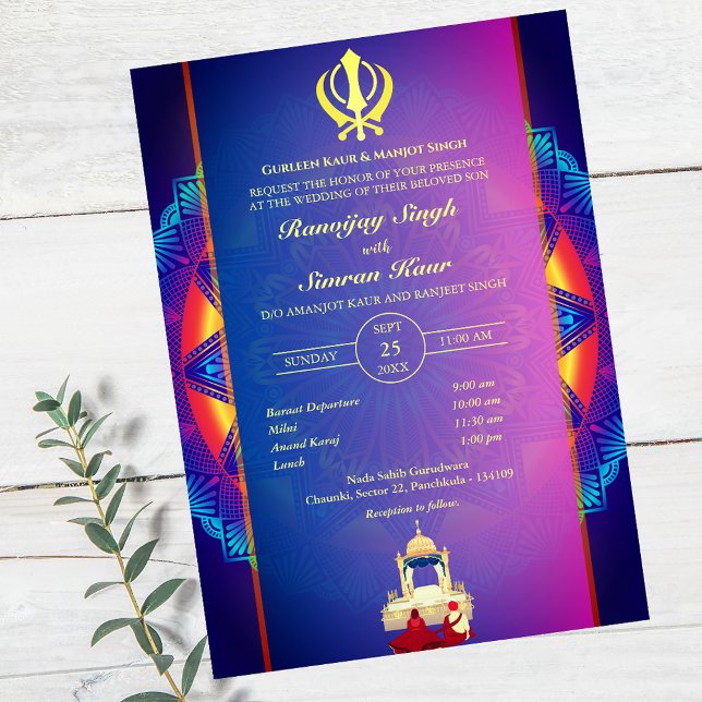 Convite Casamento Punjabi Sikh Anand Karaj Ouro (Criador carregado)