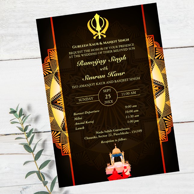 Convite Casamento Punjabi Sikh Anand Karaj Ouro (Criador carregado)