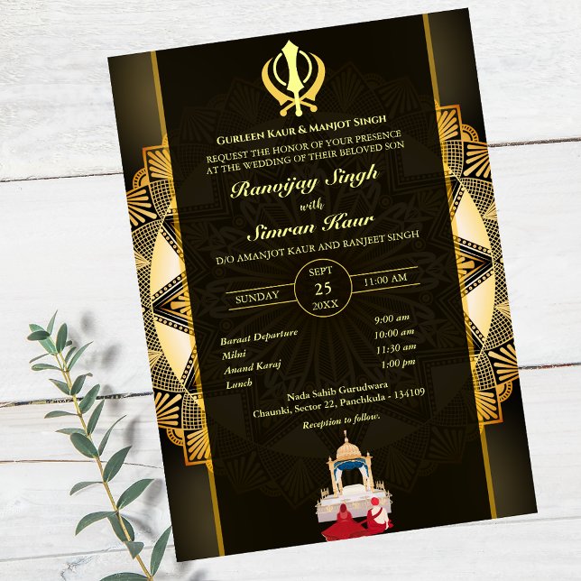 Convite Casamento Punjabi Sikh Anand Karaj Ouro (Criador carregado)