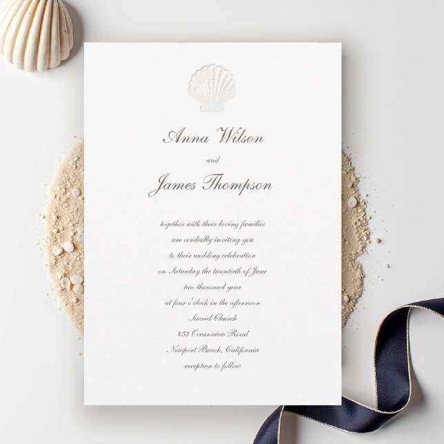 Convite Casamento Pura com Script Clássico de Shell Náutic (nautical coastal wedding invitation modern classic formal traditional script elegant shell pure whte)