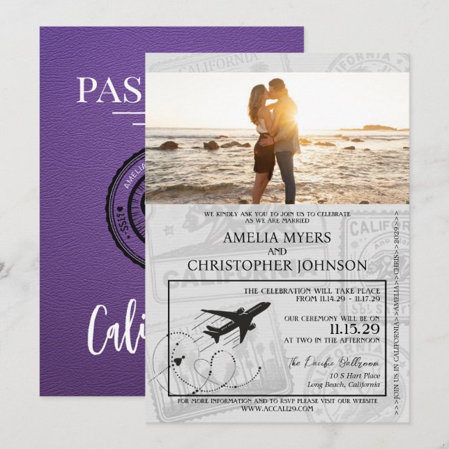 Convite Casamento Purple California Passport (Frente/Verso)