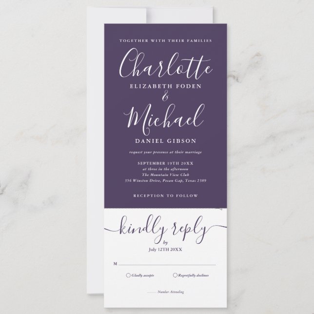 Convite Casamento Purple Elegant Script Tudo Em Um (Frente)