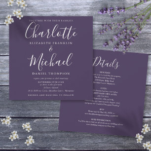 Convite Casamento Purple Elegant Script Tudo em Um