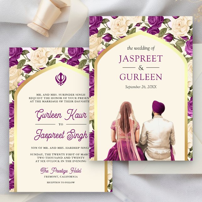 Convite Casamento Purple Floral Punjabi Anand Karaj Sikh (Criador carregado)