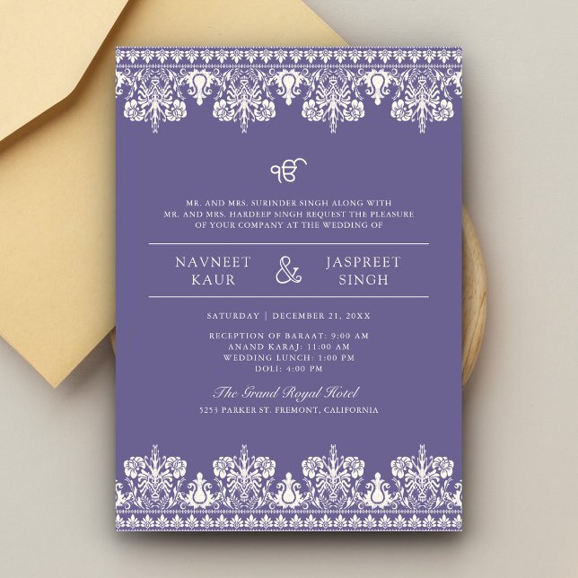 Convite Casamento Purple Ivory Damask Anand Karaj Sikh (Criador carregado)