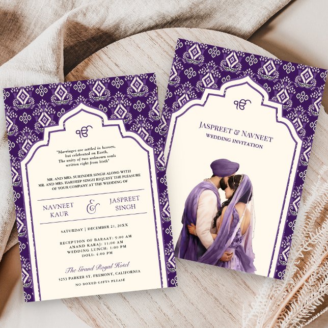 Convite Casamento Purple Ivory Ikat Punjabi Anand Karaj Si (Criador carregado)