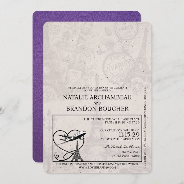 Convite Casamento Purple Paris Passport (Frente/Verso)