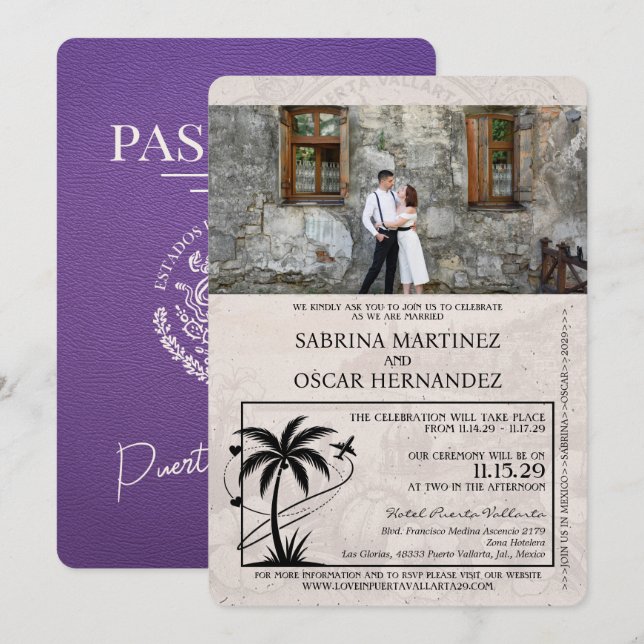 Convite Casamento Purple Puerta Vallarta Passaporte (Frente/Verso)