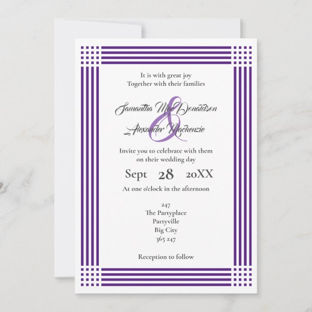 Convite Casamento púrpura e branco (Frente)