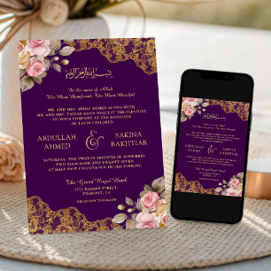 Convite Casamento Púrpura Muçulmano, Dourado, cor-de-rosa,