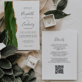 Convite Casamento QR Code Ágata Dourada Verde Caçador Mode