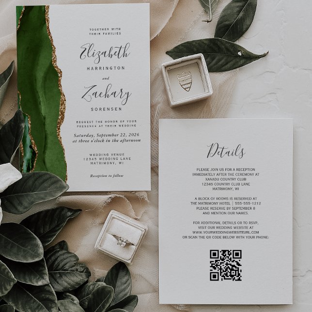 Convite Casamento QR Code Ágata Dourada Verde Caçador Mode (Criador carregado)