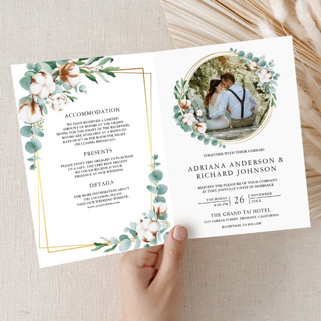 Convite Casamento QR Code Algodão Dourado Rústico Eucalipt (Criador carregado)