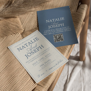 Convite Casamento QR Code Azul e Branco Chique e Antigo