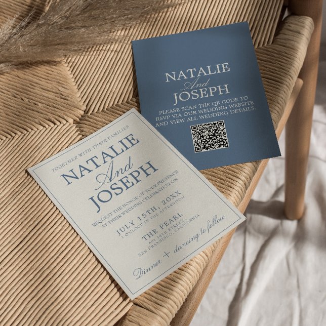 Convite Casamento QR Code Azul e Branco Chique e Antigo  (Criador carregado)