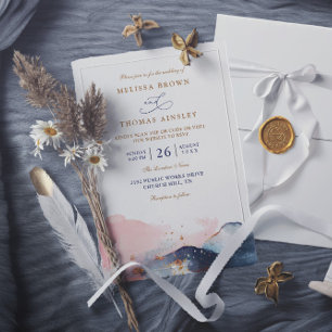 Convite Casamento QR Code Azul-Navy Aquarela Montanha Mode