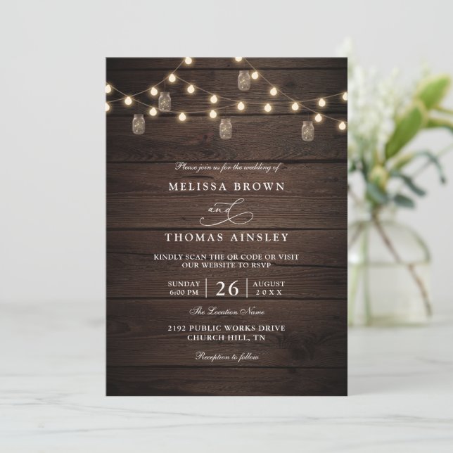 Convite Casamento QR Code Boho Moderno Outono Madeira Rúst (Em pé/Frente)
