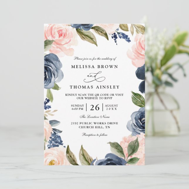 Convite Casamento QR Code Boho Rosa Bege Azul Marinho (Em pé/Frente)