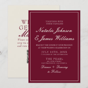 Convite Casamento QR Code Burgundy Clássico Dinheiro Antig