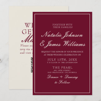 Convite Casamento QR Code Burgundy Clássico Dinheiro Antig