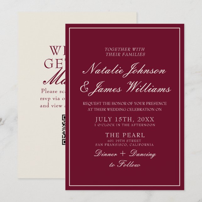 Convite Casamento QR Code Burgundy Clássico Dinheiro Antig (Frente/Verso)