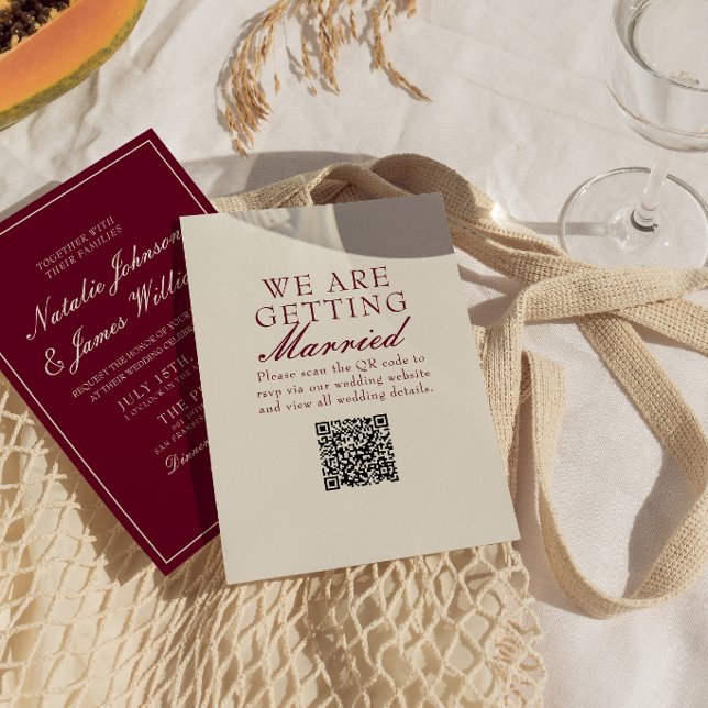 Convite Casamento QR Code Burgundy Clássico Dinheiro Antig (Criador carregado)