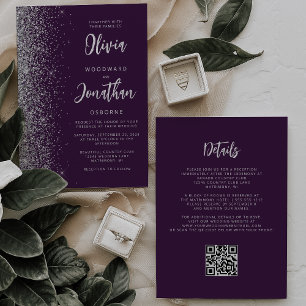 Convite Casamento QR Code Caligrafia Brilho Prata Roxo