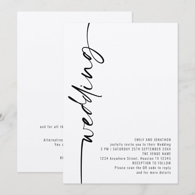 Convite Casamento QR Code Caligrafia Moderna (Frente/Verso)