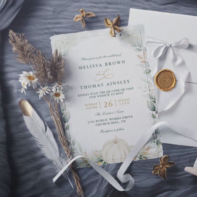 Convite Casamento QR Code Chic de Outono em Verde com Abób (Criador carregado)