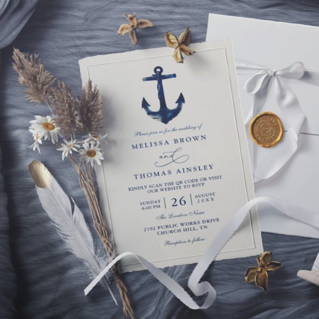 Convite Casamento QR Code Chic Moderno Âncora Náutica Azul (Criador carregado)