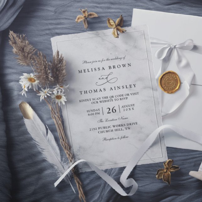 Convite Casamento QR Code Clássico Mármore Simples Elegant (Criador carregado)