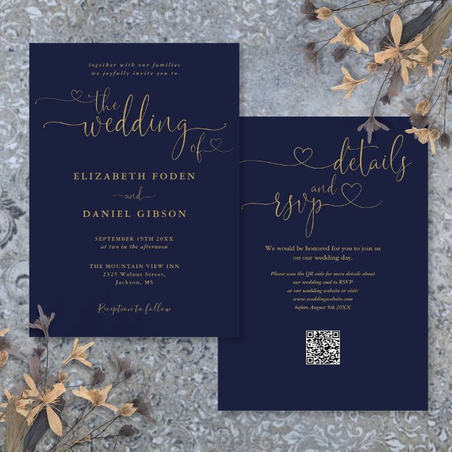 Convite Casamento QR Code de Coração em Azul Marinho e Dou (Navy Blue And Gold Heart Script QR Code Wedding Invitation)