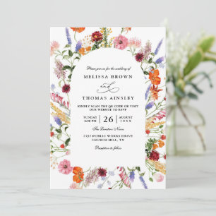 Convite Casamento QR Code de Flor Silvestre Vibrante em Aq