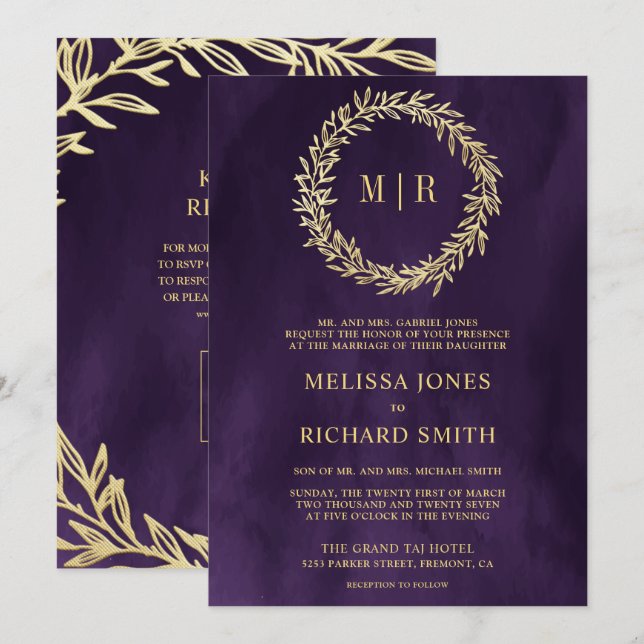 Convite Casamento QR Code de Galho de Folha de Ouro Roxo E (Frente/Verso)