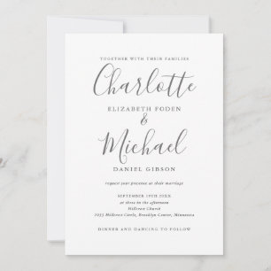 Convite Casamento QR Code de Letra Elegante Cinza e Branco