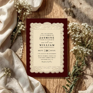 Convite Casamento QR Code de renda de papel vintage burgun
