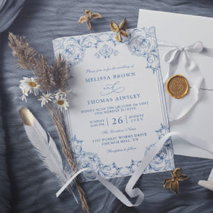 Convite Casamento QR Code Elegante Azul Vintage com Orçame