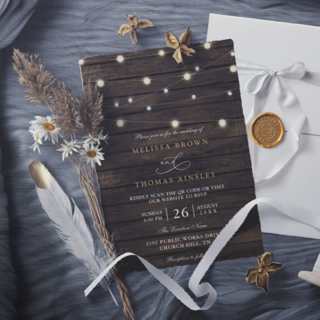 Convite Casamento QR Code Elegante de Madeira de Celeiro R (Criador carregado)
