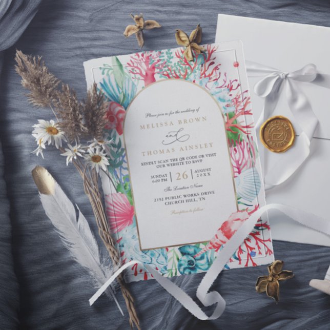Convite Casamento QR Code Elegante Vida Marinha Turquesa e (Criador carregado)