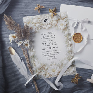 Convite Casamento QR Code Elegante Vintage Relevo Ornament