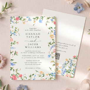 Convite Casamento QR Code Flor Silvestre Vintage Pastel Su