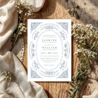 Convite Casamento QR Code Floral Azul Vintage Elegante Chi