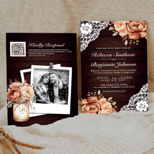 Convite Casamento QR Code Floral de Renda Terracota em Mad